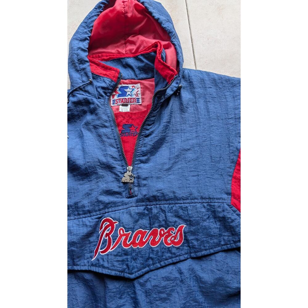 Atlanta Braves 90s STARTER puffer 1/2 jacket TOMAHAWK zip M navy red MLB vintage - Picture 6 of 9